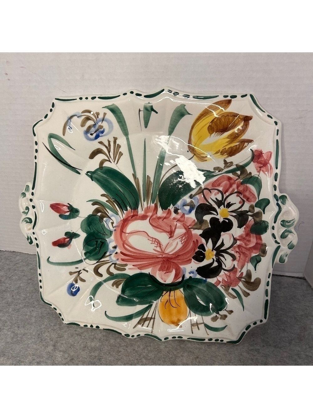 Vintage Ceramic Handpainted Floral Serving Tray Made In Italy 13x11”